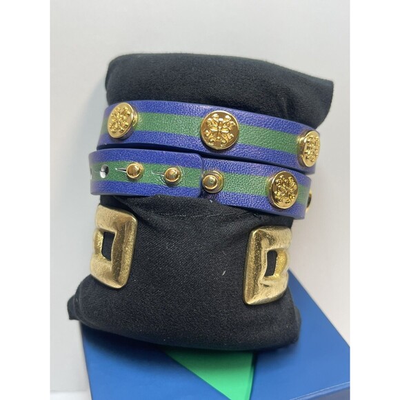 Rustic Cuff Gold Metal Cuff & Double Wrap Leather Bracelet Set New - Picture 3 of 4